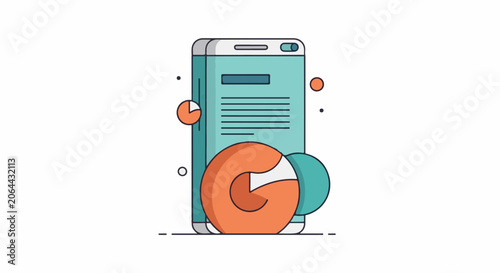 A teal smartphone displays lines and a rectangle on its screen with orange pie charts