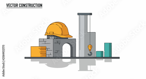 A vector graphic of a construction site with a hard hat