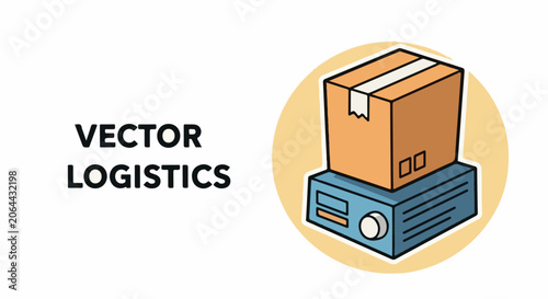 A vector graphic of a brown package on a blue machine with a yellow circle