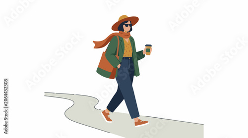 A woman walks on a sidewalk with coffee and bag