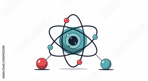 Cartoonish illustration of an atom with teal and red particles