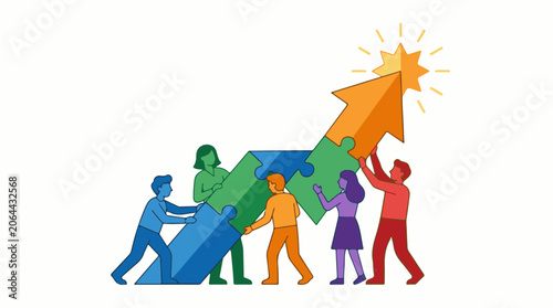 Colorful illustration of five people working together to build an upward-trending arrow from puzzle pieces