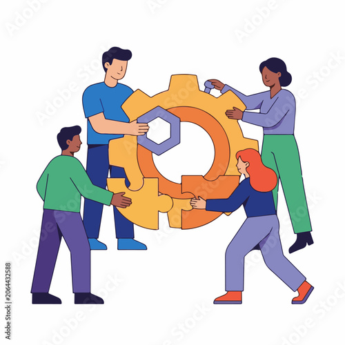 Four people assembling a large gear with puzzle pieces