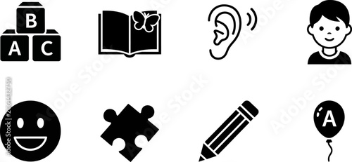 Childrens educational icons, abc blocks, open book, ear, boy, smile, puzzle.