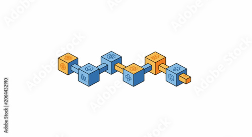A 3D isometric illustration of connected cubes with various symbols