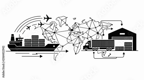 A black and white graphic depicting global shipping and logistics