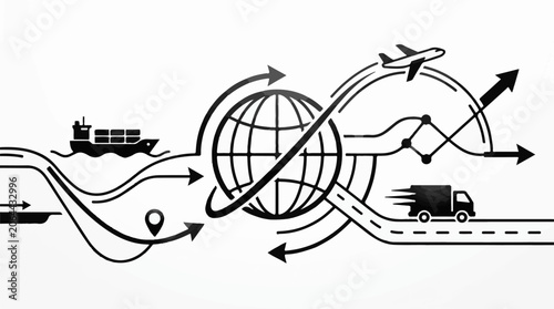 A black and white graphic showing global transport