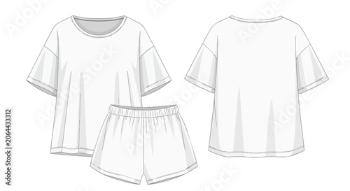 White Oversized T-shirt and Shorts Set Fashion Technical Sketch Front and Back View Loungewear Template