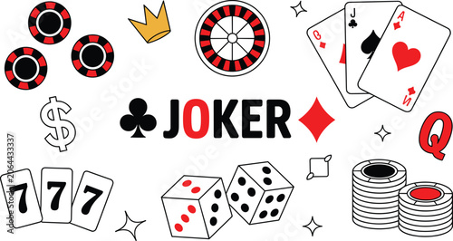 Obraz na płótnie Casino gambling element set with joker text playing cards dice roulette wheel ch