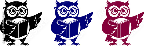 Three silhouette owls with glasses reading books in black, blue and burgundy.