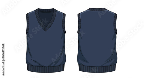 Navy Blue Knitted V-Neck Sweater Vest Front and Back View Template for Technical Fashion Design Flat Sketch