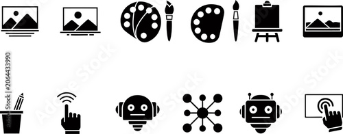Art and technology icons like easel, paint palette, robot, and touchscreen.