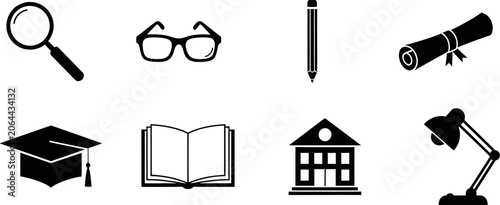 Collection of black icons representing education and school items .