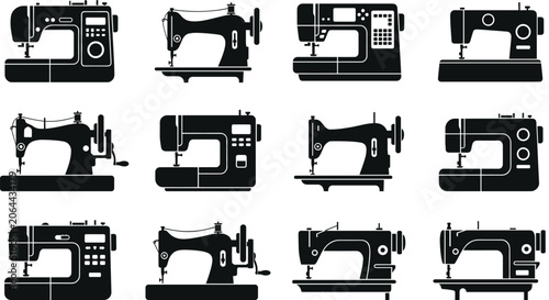 Obraz na plátne Domestic and industrial apparel sewing machine black glyph icon collection for f