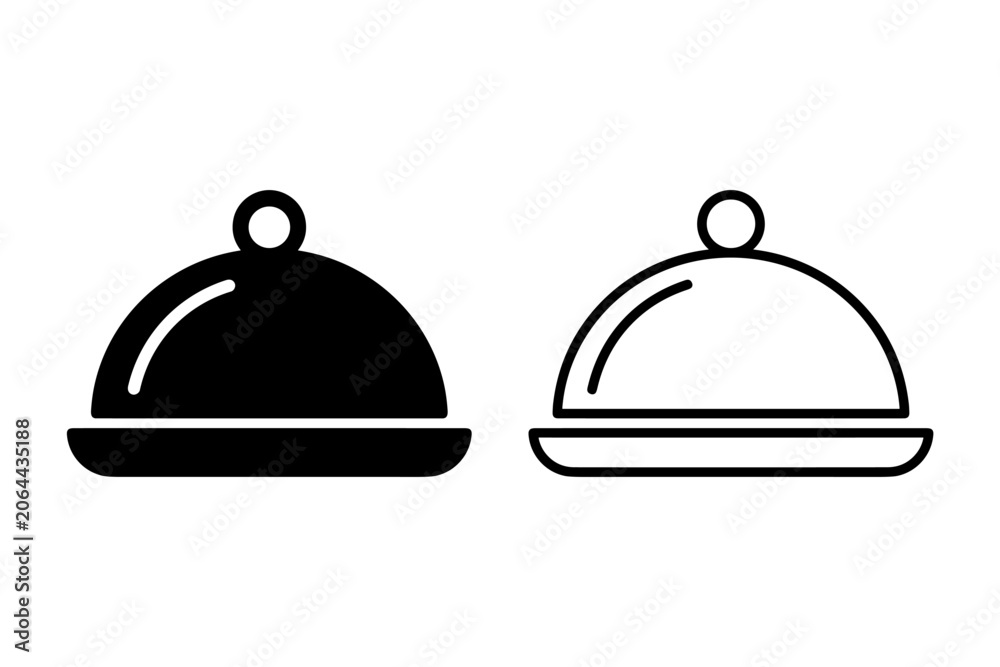 Fototapeta premium Two food cloche icons, one solid black and one outline, representing service