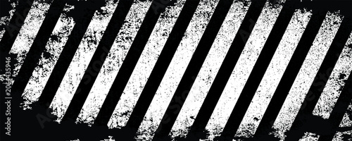 Canvastavla Industrial monochrome background featuring a heavy distressed grunge texture over black and white diagonal hazard warning stripes