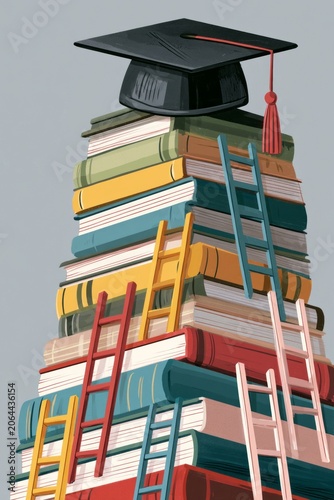 A visually appealing illustration featuring a stack of books topped with a graduation cap, representing the significance of education and the creative spirit of learning.