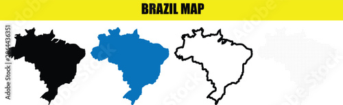 Four variations of the brazil country map, including solid black, solid blue, thin black outline, and light gray dotted pixelated versions