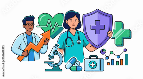 Medical professionals with healthcare symbols around them