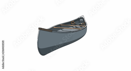 A 3D rendering of a gray canoe with wooden accents