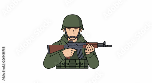 A cartoon soldier in green uniform and helmet holding a rifle