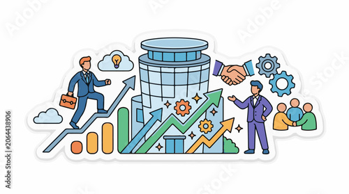 A colorful illustration of businessmen and growth symbols