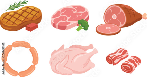 Photos Fresh butcher meat collection featuring beef steak pork chop ham links sausage w