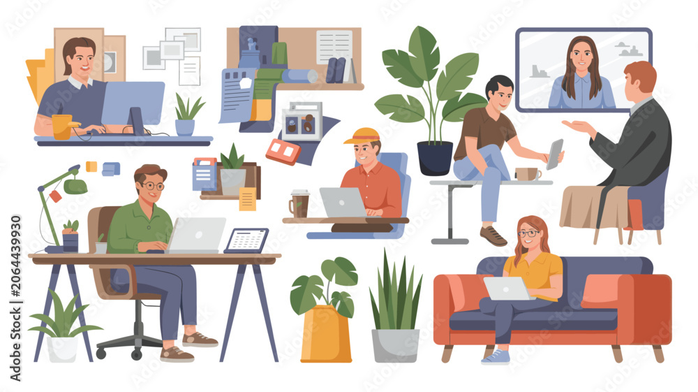 Fototapeta premium Set of 9 Flat Design Remote Work People and Office Elements Vector