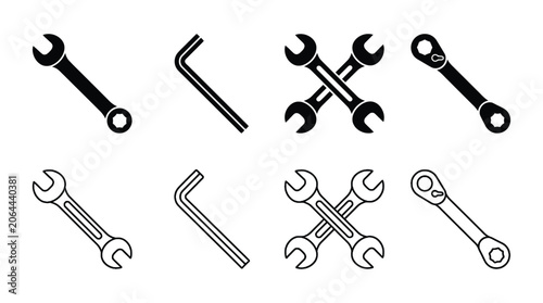 Foto Wrench And Allen Key Icons Black And White Line Art Set