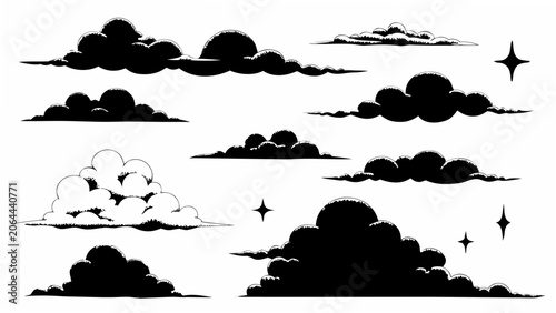 Tableau sur toile Black cloud silhouettes arranged on a white background a collection of atmospher