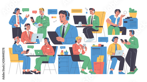 Customer service call center agents and support staff flat vector illustration set