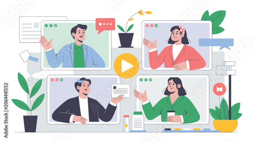 Flat Vector Illustration of Diverse People on Video Call Conference