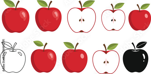 Red apple vector icon set featuring whole fruits sliced halves outline style silhouette design isolated on white background