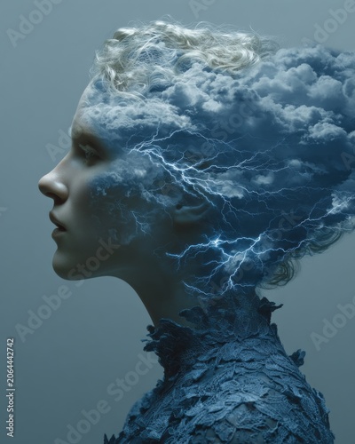 An artistic profile portrait of a woman with stormy cloud elements and lightning, symbolizing inner feelings and the complexity of human nature expressed through contemporary art forms.