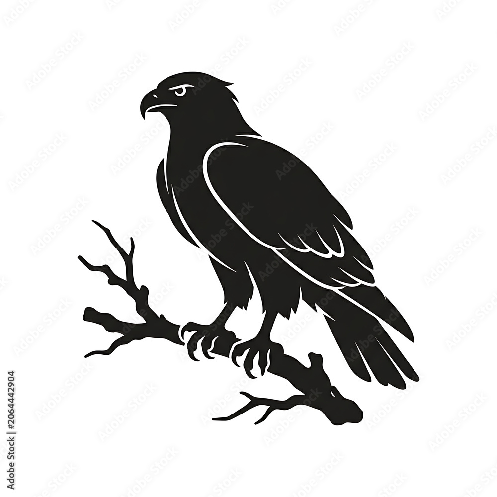 Fototapeta premium Black Hawk Perched on Bare Tree Branch Silhouette Against White Background