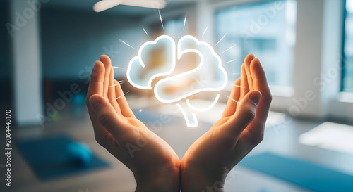 Human hands gently holding glowing abstract brain symbol depicting mental health awareness.