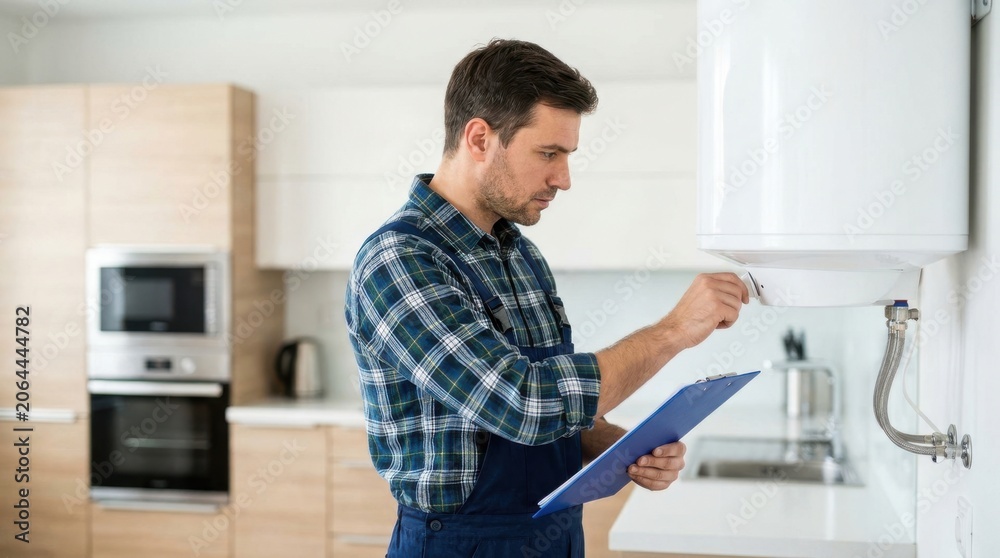 Obraz premium Professional plumber inspecting water heater in a modern kitchen