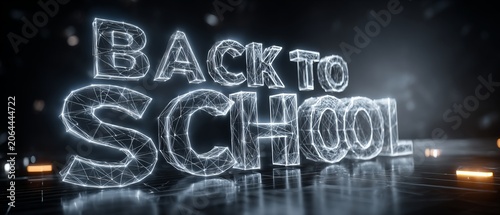 An artistic representation of the phrase 'Back to School' crafted in a futuristic 3D style with neon lights, capturing the essence of excitement and anticipation for a new academic year.