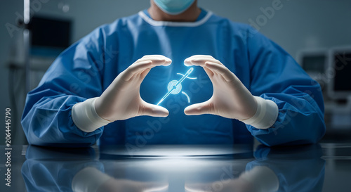 Surgeon holding glowing digital needle symbol above table in clinical hospital setting now.