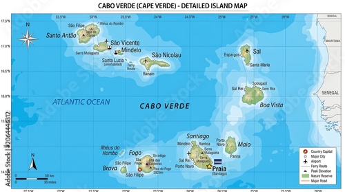 Cabo verde cape verde detailed island map with major cities and landmarks