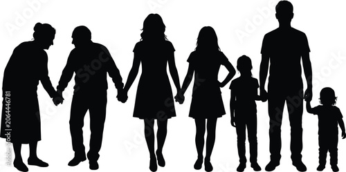 Foto Detailed black silhouette of a happy extended multigenerational family holding hands walking together featuring grandparents parents and children isolated on a plain white background
