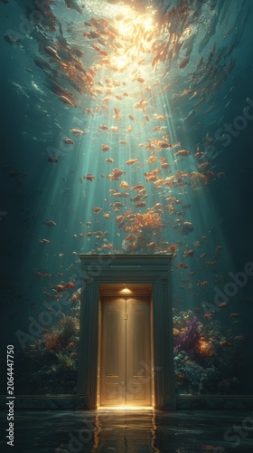 An inviting doorway under crystal-clear water reveals a vibrant coral reef teeming with life and shimmering sun rays streaming through the surface, showcasing the beauty of the underwater world.