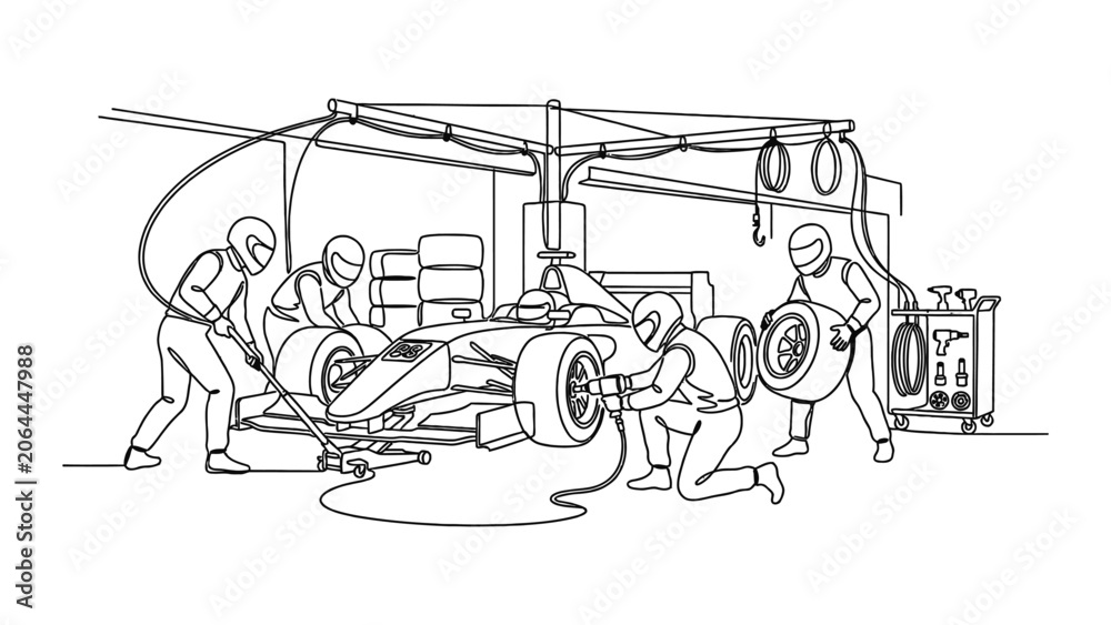 Naklejka premium Formula 1 Pit Stop - Race Car Maintenance Crew Changing Tires