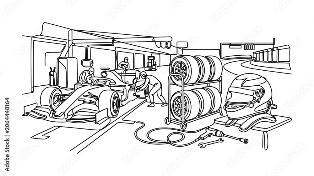 Naklejka premium Formula 1 Pit Stop Garage Scene with Racing Car, Mechanics, Tires, and Helmet