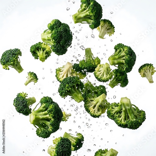 Fresh broccoli florets floating in air with water droplets isolated on white background