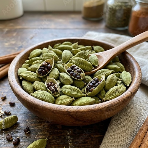 A wooden bowl filled with green cardamom pods and a spoon on a rustic table