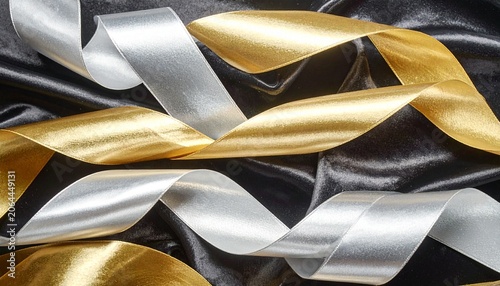 Gold and Silver Satin Ribbons on Dark Fabric Representing Luxury and Elegance