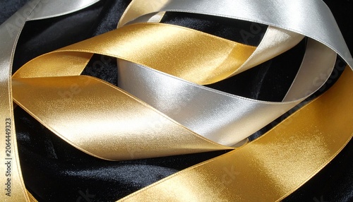 Gold and Silver Satin Ribbons on Dark Fabric Representing Luxury and Elegance