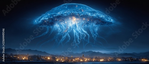 A giant, ethereal jellyfish glows brilliantly against a dark backdrop, casting its eerie light on a tranquil city below, evoking feelings of wonder and mystery in a dreamlike atmosphere.