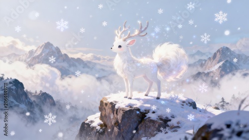 White deer on snowy mountain